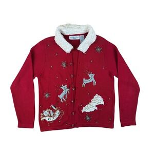 Christmas Holiday Cardigan Ramie Cotton Beaded Reindeer PM Victoria Jones